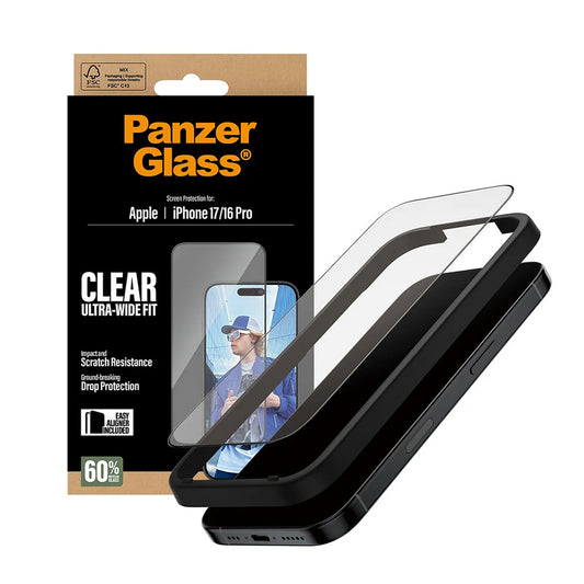 Schutzfolie PanzerGlass Ultra-Wide Fit EasyAligner für Apple iPhone 17 / 16 Pro, gehärtetes Glas, Vollkleber, Schwarz