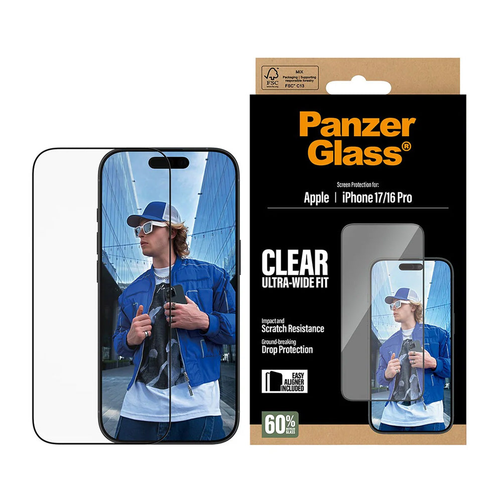 Schutzfolie PanzerGlass Ultra-Wide Fit EasyAligner für Apple iPhone 17 / 16 Pro, gehärtetes Glas, Vollkleber, Schwarz
