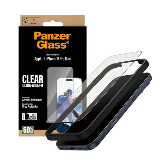 Schutzfolie PanzerGlass Ultra-Wide Fit EasyAligner für Apple iPhone 17 Pro Max, gehärtetes Glas, Full Glue, Schwarz