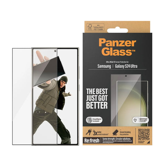 Schutzfolie PanzerGlass Ultra-Wide Fit EasyAligner für Samsung Galaxy S24 Ultra S928, gehärtetes Glas, Vollkleber, Schwarz