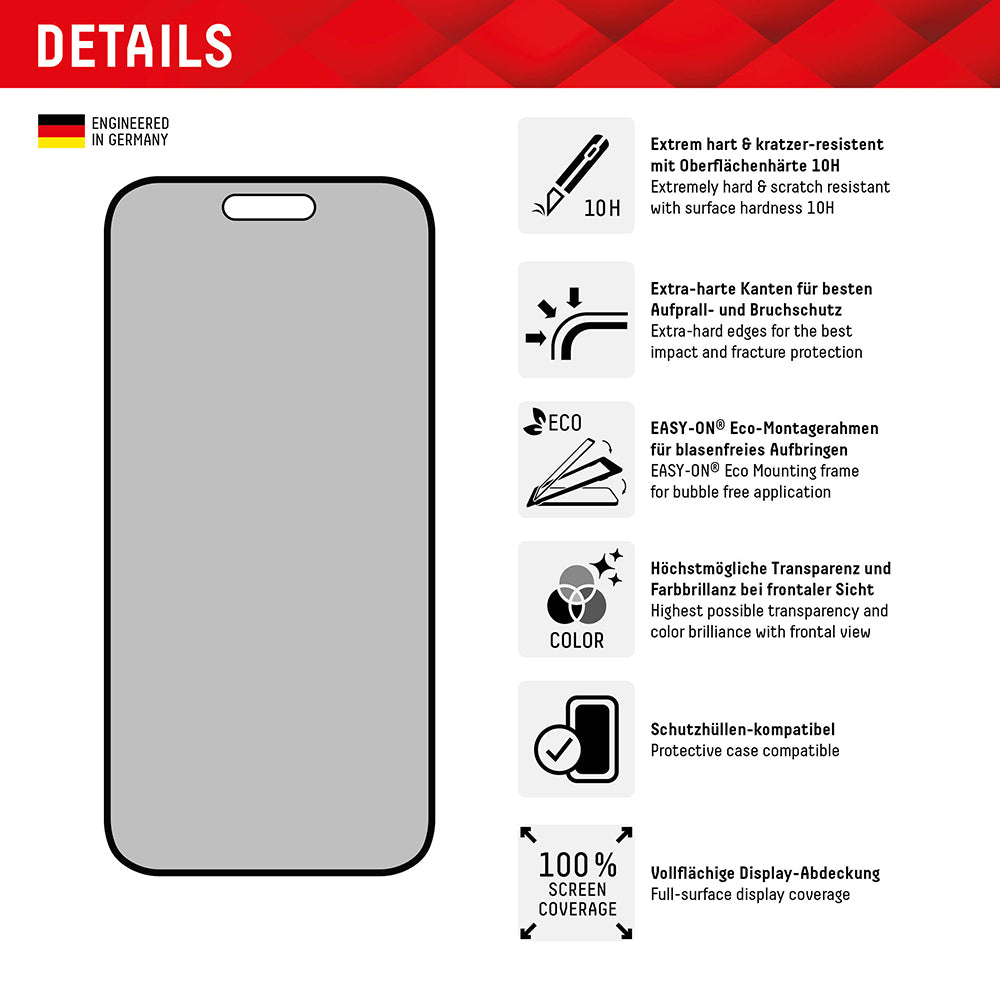 Privacy-Schutzfolie Displex Real Glass für Apple iPhone 16 Plus, gehärtetes Glas, Full Glue