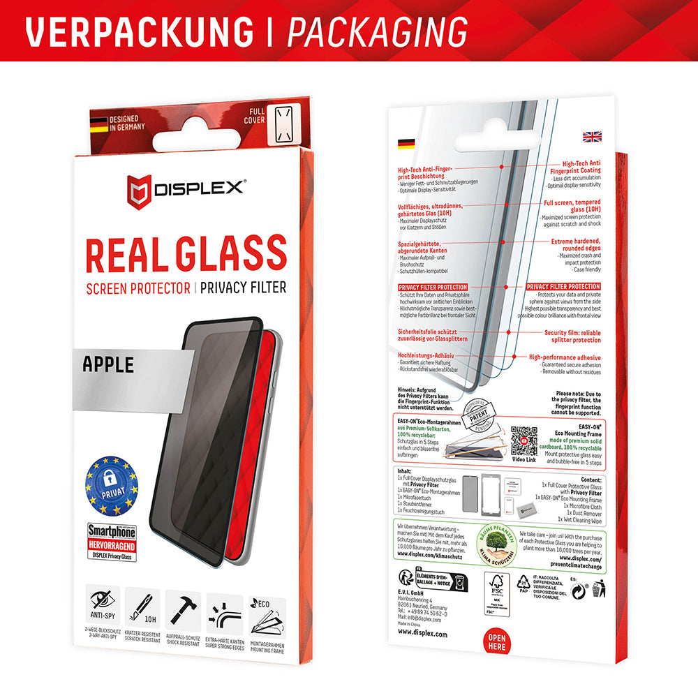 Privacy-Schutzfolie Displex Real Glass für Apple iPhone 16 Plus, gehärtetes Glas, Full Glue