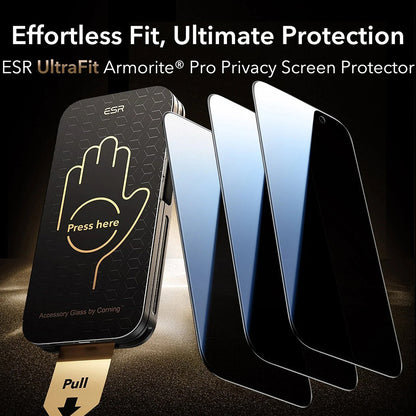 Schutzfolie Ecran Privacy ESR UltraFit Armorite Pro für Apple iPhone 17 Pro Max, Gehärtetes Glas, Full Glue, Set 3 Stück