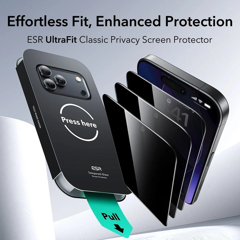 Privacy-Schutzfolie ESR UltraFit Classic für Apple iPhone 18 Pro Max, gehärtetes Glas, Full Glue, 3er-Set