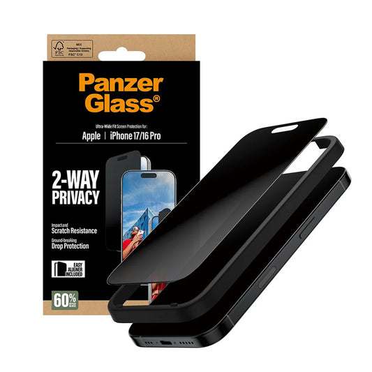 Schutzfolie Privacy PanzerGlass Ultra-Wide Fit 2-Way EasyAligner für Apple iPhone 17 / 16 Pro, Gehärtetes Glas, Vollverklebung