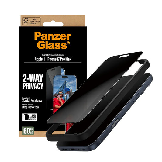 Schutzfolie Privacy PanzerGlass Ultra-Wide Fit 2-Way EasyAligner für Apple iPhone 17 Pro Max, gehärtetes Glas, Full Glue