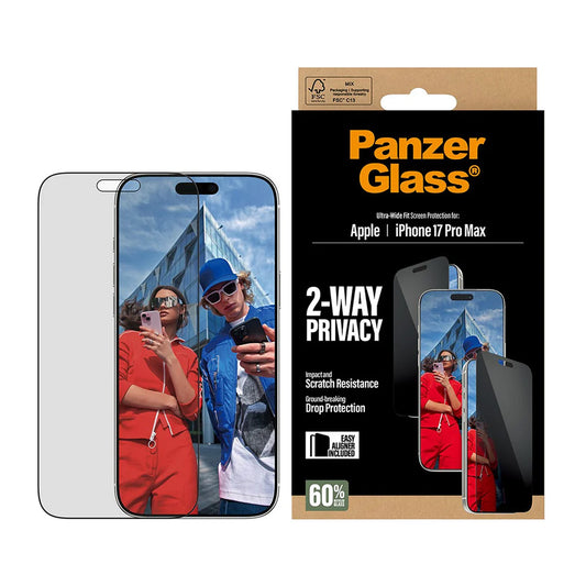 Schutzfolie Privacy PanzerGlass Ultra-Wide Fit 2-Way EasyAligner für Apple iPhone 17 Pro Max, gehärtetes Glas, Full Glue