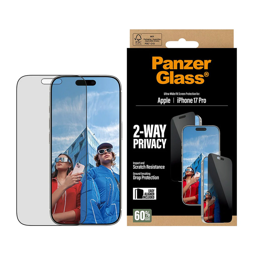 Schutzfolie Privacy PanzerGlass Ultra-Wide Fit 2-Way EasyAligner für Apple iPhone 17 Pro, gehärtetes Glas, Full Glue