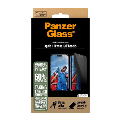 Schutzfolie Privacy PanzerGlass Ultra-Wide Fit EasyAligner für Apple iPhone 16 / 15, gehärtetes Glas, Full Glue