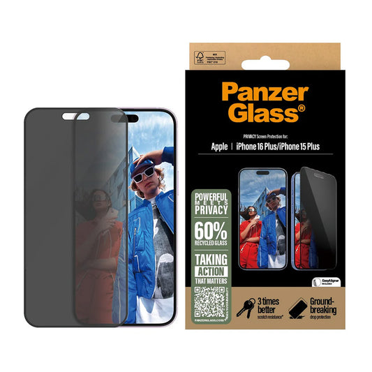 Schutzfolie Privacy PanzerGlass Ultra-Wide Fit EasyAligner für Apple iPhone 16 Plus / 15 Plus, gehärtetes Glas, Vollverklebung