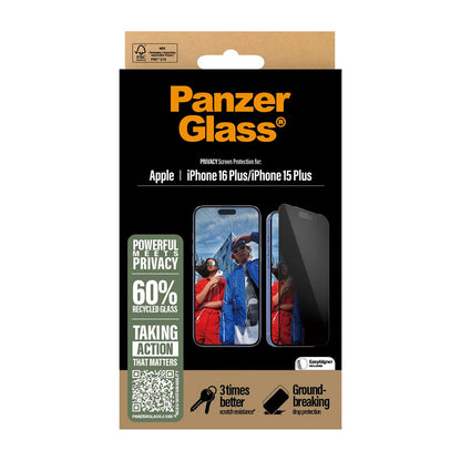 Schutzfolie Privacy PanzerGlass Ultra-Wide Fit EasyAligner für Apple iPhone 16 Plus / 15 Plus, gehärtetes Glas, Vollverklebung