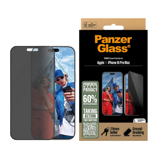 Schutzfolie Privacy PanzerGlass Ultra-Wide Fit EasyAligner für Apple iPhone 16 Pro Max, gehärtetes Glas, Full Glue