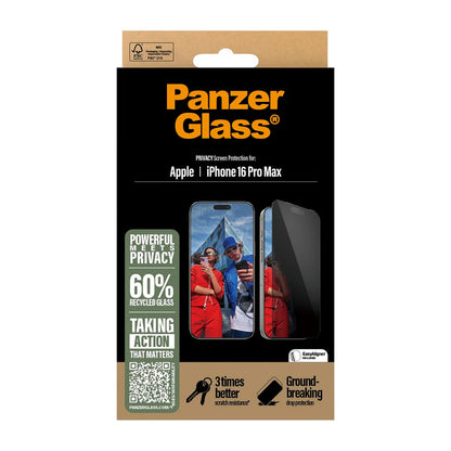 Schutzfolie Privacy PanzerGlass Ultra-Wide Fit EasyAligner für Apple iPhone 16 Pro Max, gehärtetes Glas, Full Glue