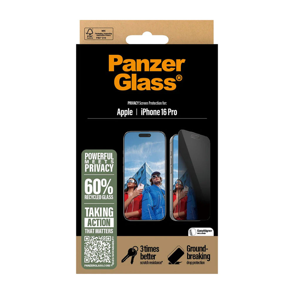Schutzfolie Privacy PanzerGlass Ultra-Wide Fit EasyAligner für Apple iPhone 16 Pro, gehärtetes Glas, Full Glue