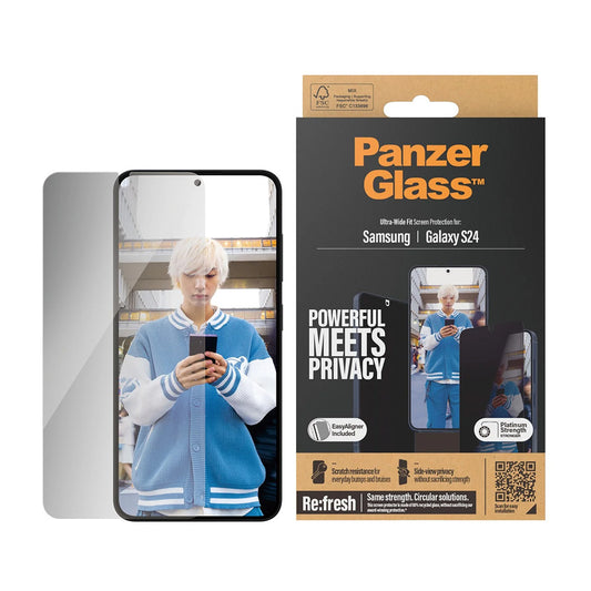 Schutzfolie Privacy PanzerGlass Ultra-Wide Fit EasyAligner für Samsung Galaxy S24 S921, gehärtetes Glas, Vollverklebung