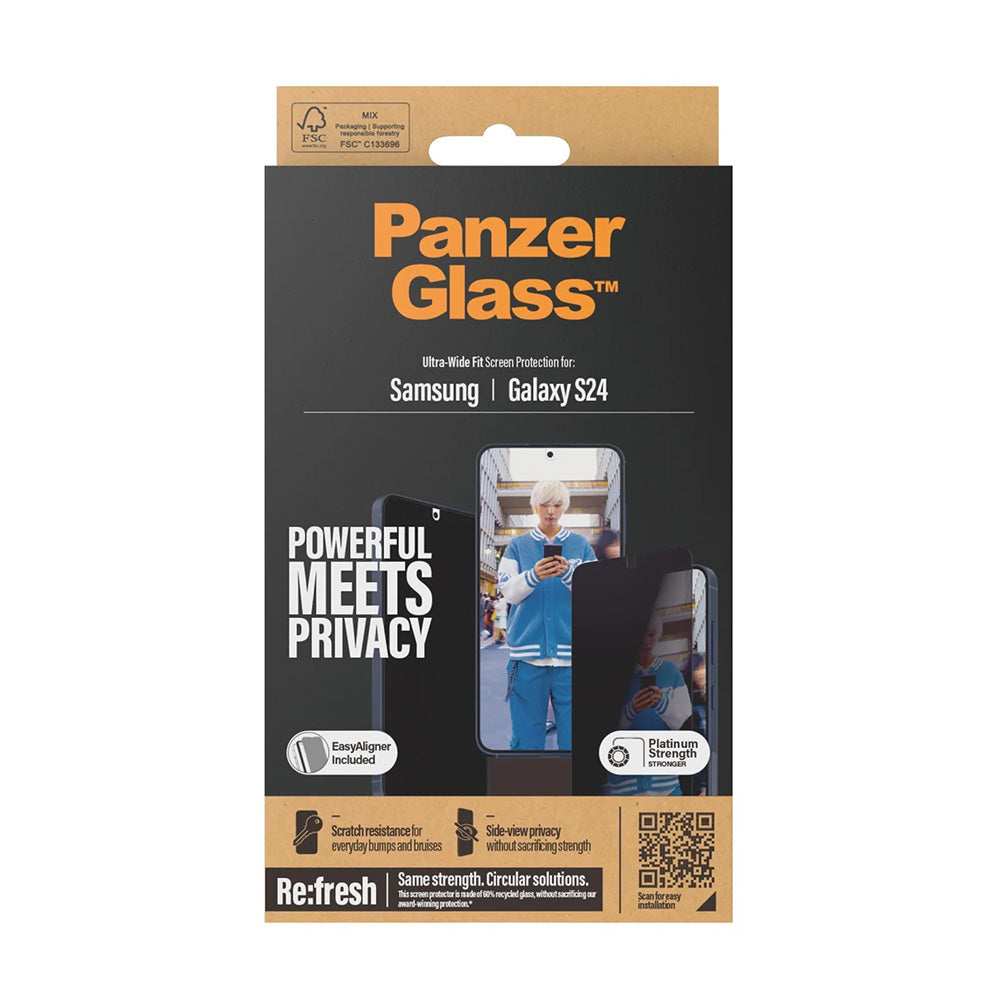 Schutzfolie Privacy PanzerGlass Ultra-Wide Fit EasyAligner für Samsung Galaxy S24 S921, gehärtetes Glas, Vollverklebung