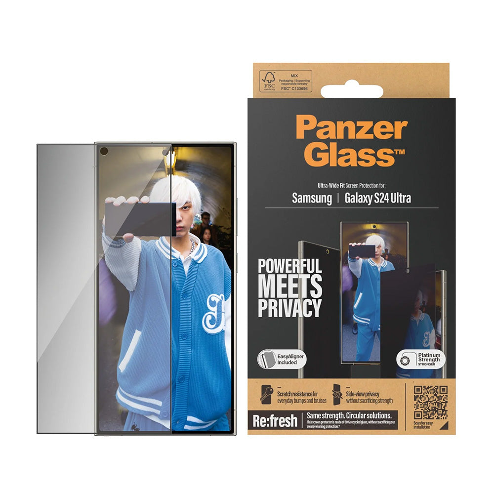 Schutzfolie Privacy PanzerGlass Ultra-Wide Fit EasyAligner für Samsung Galaxy S24 Ultra S928, gehärtetes Glas, Full Glue