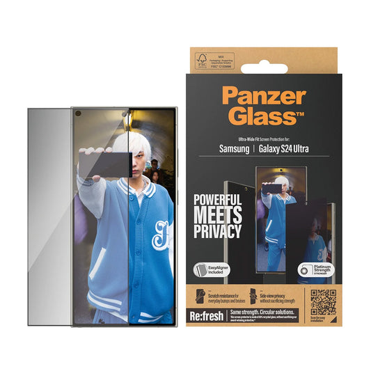 Schutzfolie Privacy PanzerGlass Ultra-Wide Fit EasyAligner für Samsung Galaxy S24 Ultra S928, gehärtetes Glas, Full Glue