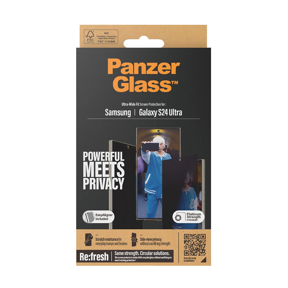 Schutzfolie Privacy PanzerGlass Ultra-Wide Fit EasyAligner für Samsung Galaxy S24 Ultra S928, gehärtetes Glas, Full Glue