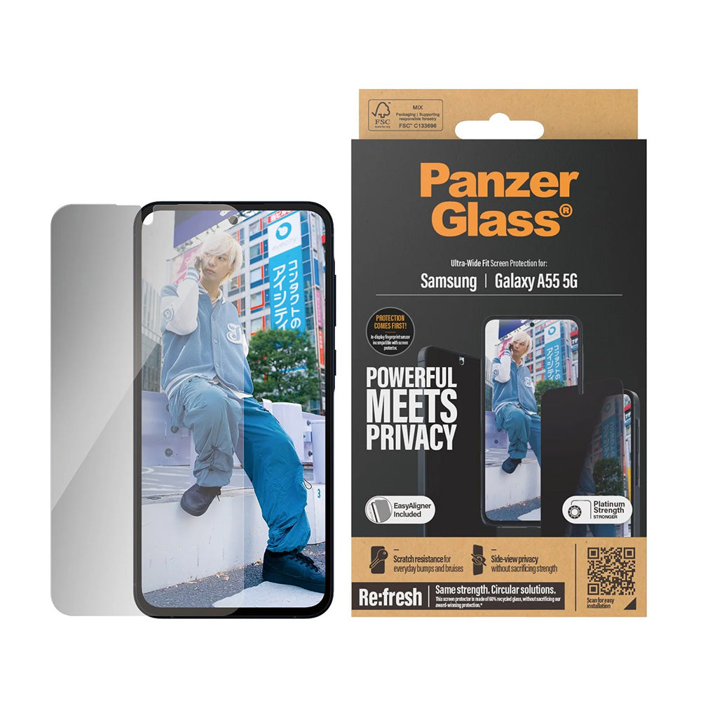 Schutzfolie Privacy PanzerGlass Ultra-Wide Fit für Samsung Galaxy A55 5G A556, gehärtetes Glas, Full Glue