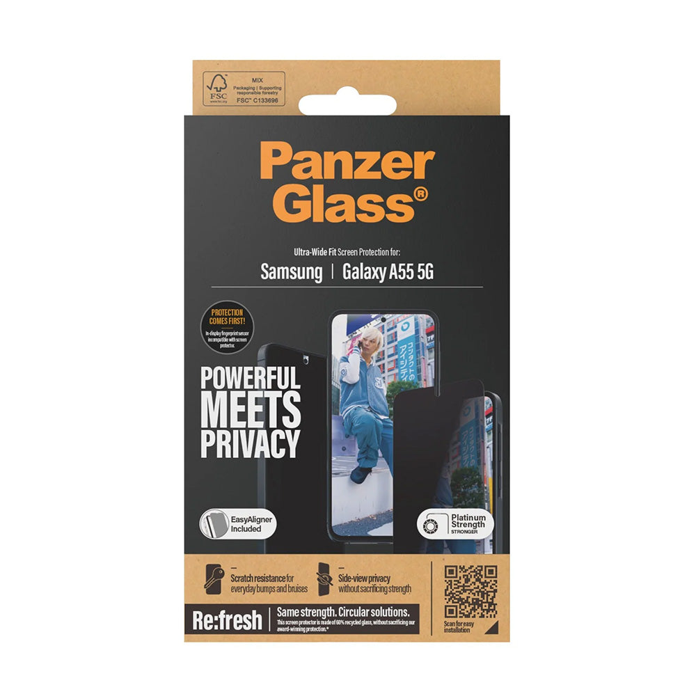Schutzfolie Privacy PanzerGlass Ultra-Wide Fit für Samsung Galaxy A55 5G A556, gehärtetes Glas, Full Glue
