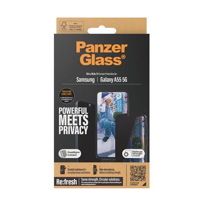 Schutzfolie Privacy PanzerGlass Ultra-Wide Fit für Samsung Galaxy A55 5G A556, gehärtetes Glas, Full Glue
