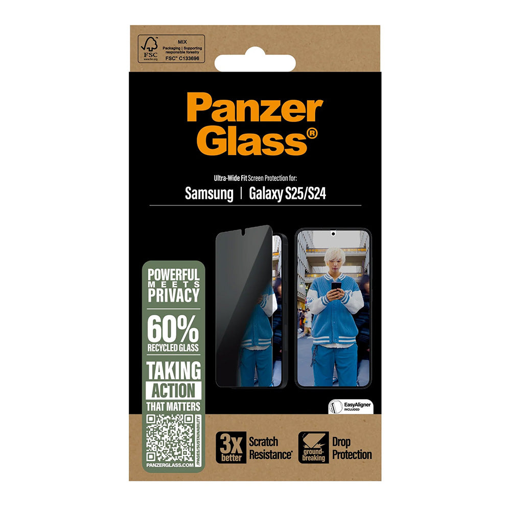 Schutzfolie Privacy PanzerGlass Ultra-Wide Fit für Samsung Galaxy S25 S931 / S24 S921, Gehärtetes Glas, Vollverklebung