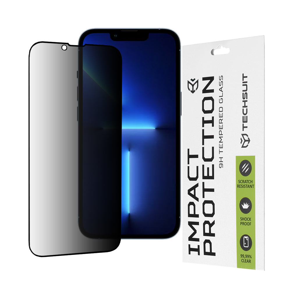 Privacy Techsuit Displayschutzfolie für Apple iPhone 14 Plus / 13 Pro Max, gehärtetes Glas, Full Glue, 111D