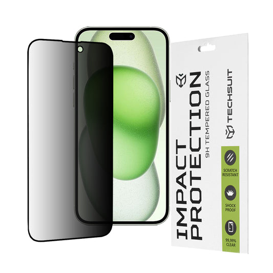 Privacy Techsuit Displayschutzfolie für Apple iPhone 16 Plus / 15 Plus, gehärtetes Glas, Full Glue, 111D