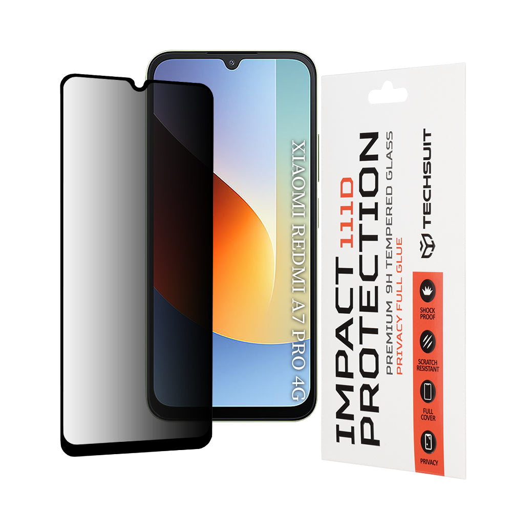 Privacy Techsuit Displayschutzfolie für Xiaomi Redmi A7 Pro 4G, gehärtetes Glas, Full Glue, 111D