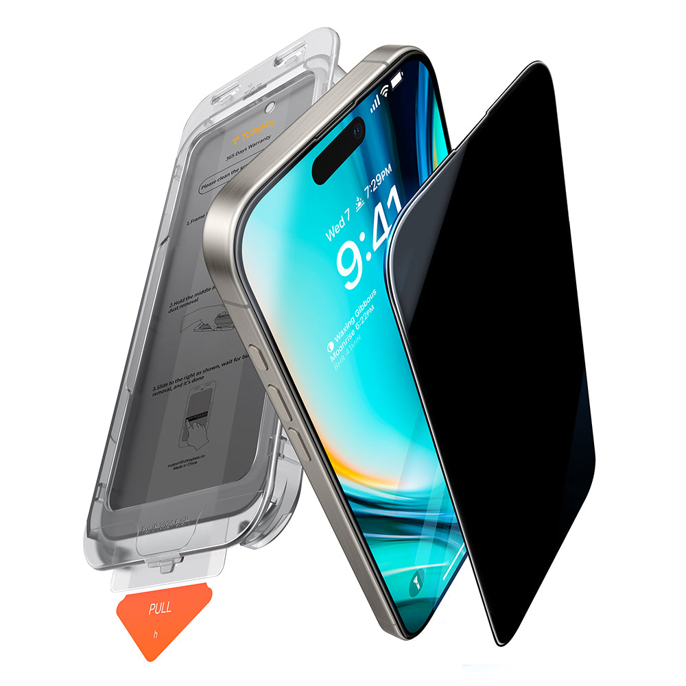 Schutzfolie Privacy Torras GlassGo Install Master für Apple iPhone 16, Gehärtetes Glas, Vollkleber