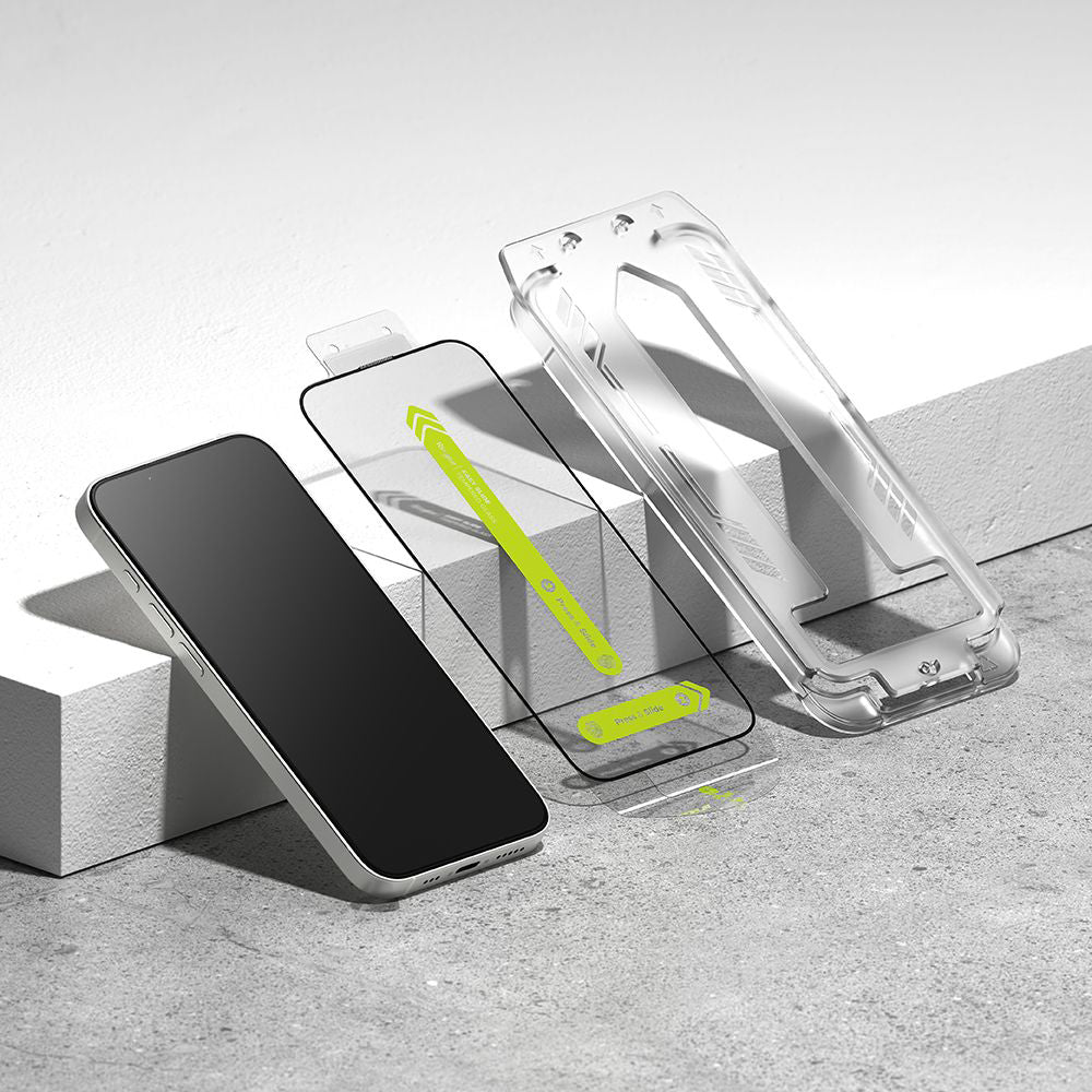 Ringke Easy Slide Displayschutzfolie für Apple iPhone 17e / 16e / 14 / 13 Pro, gehärtetes Glas, Full Glue, 2er Set, Schwarz