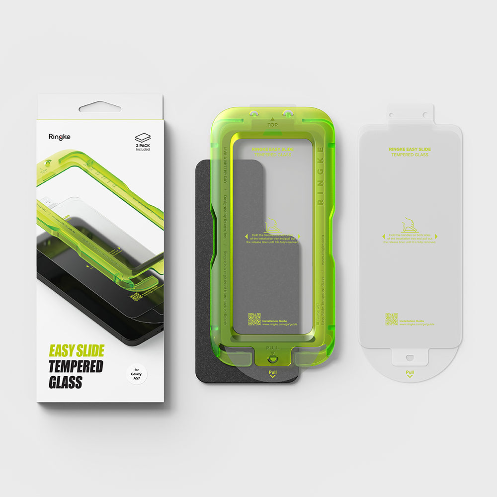 Schutzfolie Ringke Easy Slide für Samsung Galaxy A57 5G, gehärtetes Glas, Vollkleber, Set mit 2 Stück.