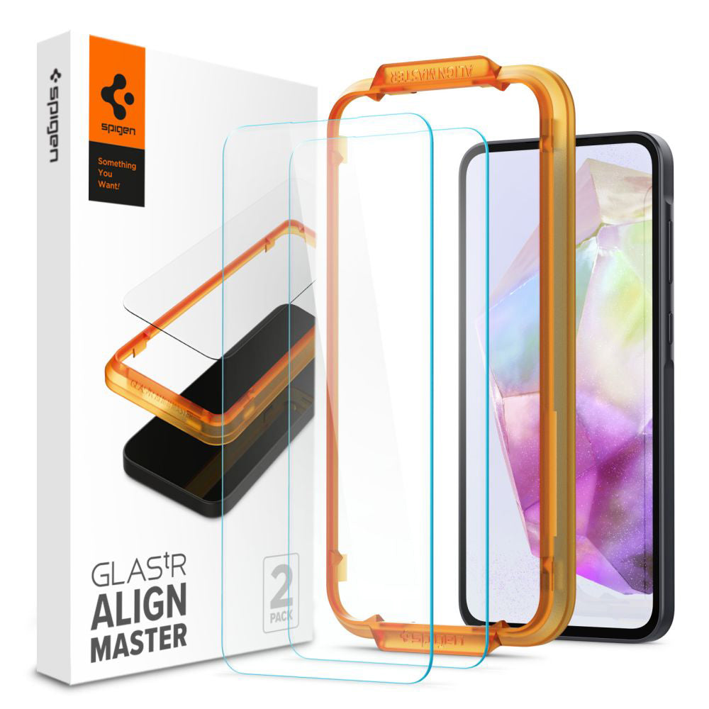 Schutzfolie Spigen GlastR Align Master für Samsung Galaxy M35 / A35 5G A356, gehärtetes Glas, Vollkleber, Set mit 2 Stück AGL07772