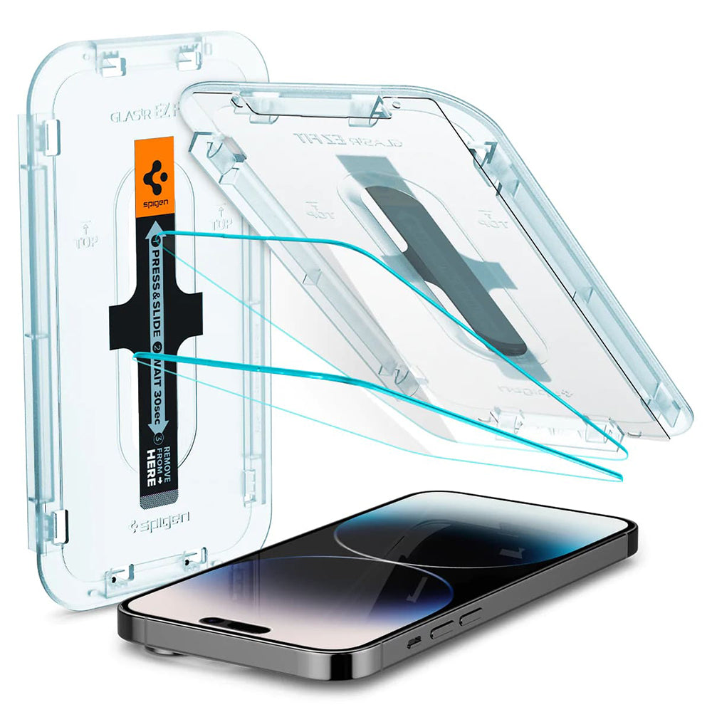 Schutzfolie Spigen GlastR EZ FIT für Apple iPhone 14 Pro, gehärtetes Glas, Vollkleber, Set mit 2 Stück