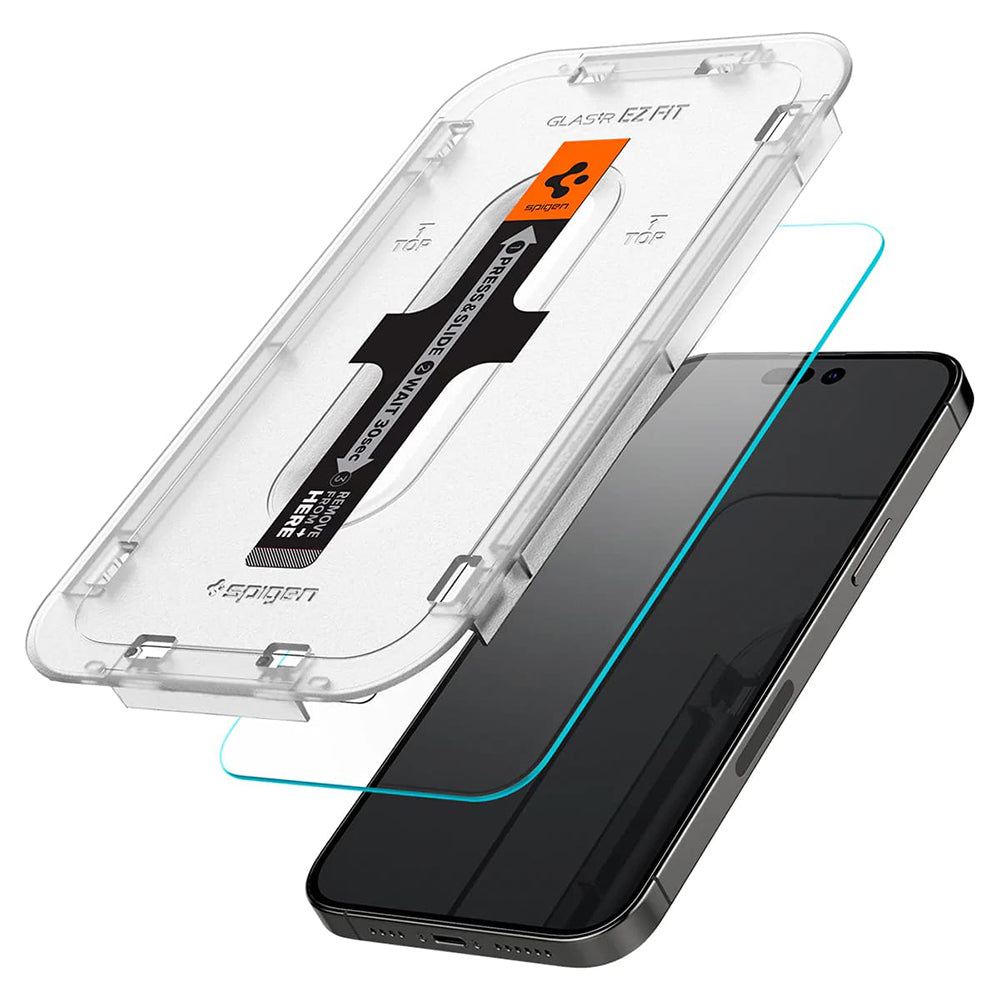 Schutzfolie Spigen GlastR EZ FIT für Apple iPhone 14 Pro, gehärtetes Glas, Vollkleber, Set mit 2 Stück