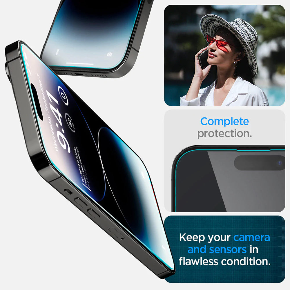 Schutzfolie Spigen GlastR EZ FIT für Apple iPhone 14 Pro, gehärtetes Glas, Vollkleber, Set mit 2 Stück