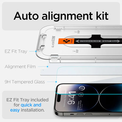 Schutzfolie Spigen GlastR EZ FIT für Apple iPhone 14 Pro, gehärtetes Glas, Vollkleber, Set mit 2 Stück