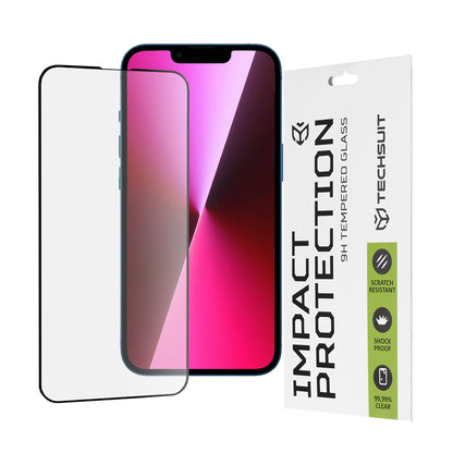 Techsuit M2 Displayschutzfolie für Apple iPhone 17e / 16e / 14 / 13 Pro, gehärtetes Glas, Full Glue, 111D, Schwarz