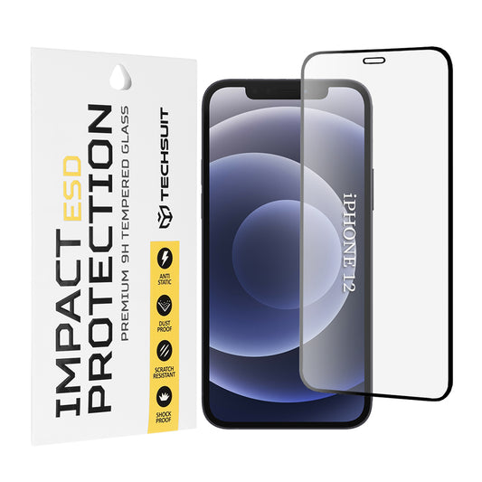 Techsuit Displayschutzfolie für Apple iPhone 12 / 12 Pro, gehärtetes Glas, Full Glue, Schwarz