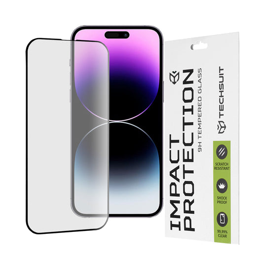 Techsuit Displayschutzfolie für Apple iPhone 14 Pro Max, gehärtetes Glas, Full Glue, 111D, Schwarz