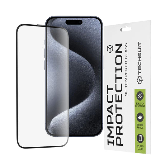 Techsuit Displayschutzfolie für Apple iPhone 16 / 15 Pro, gehärtetes Glas, Full Glue, 111D, Schwarz