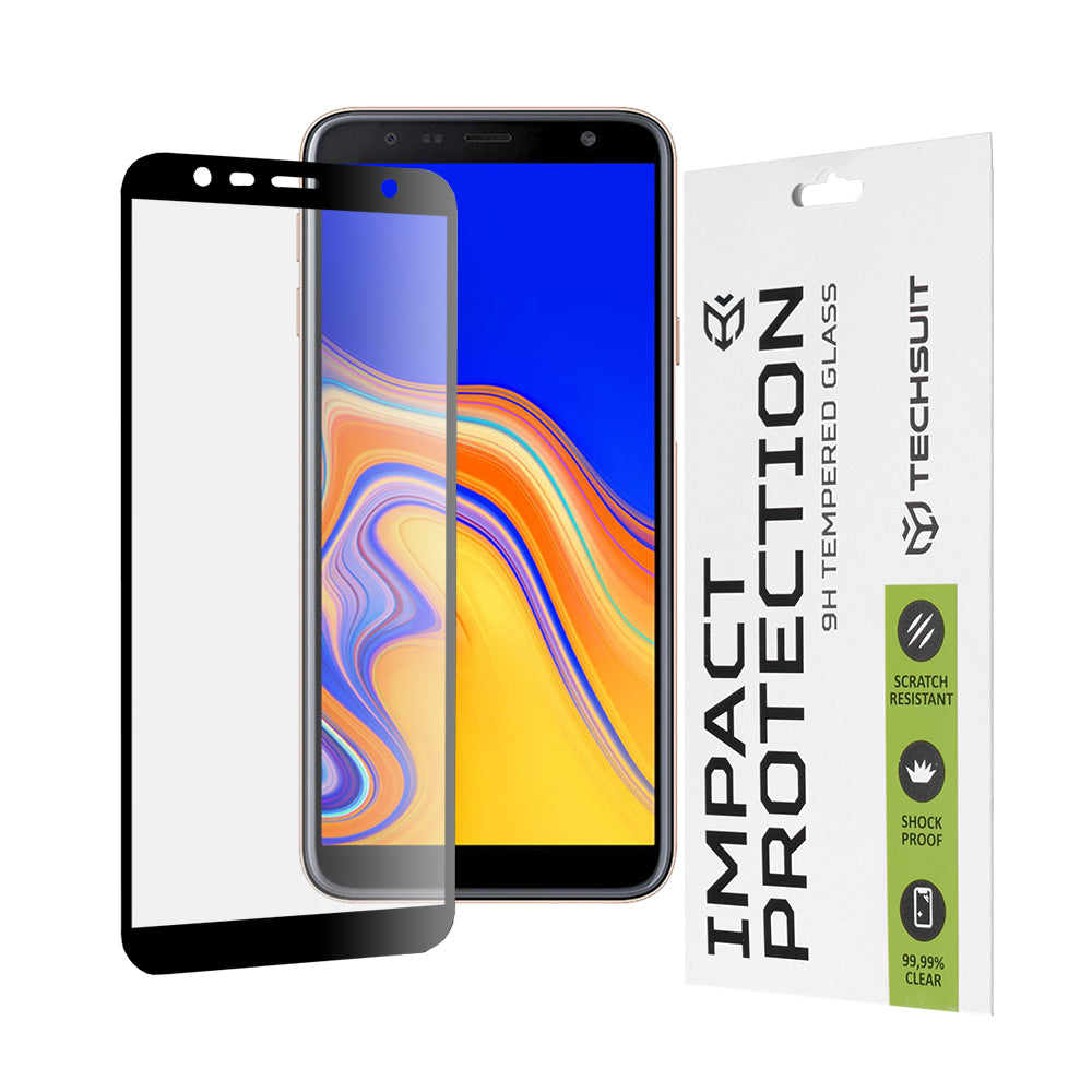 Techsuit Displayschutzfolie für Samsung Galaxy J6+ J610 / J4 Plus (2018) J415, gehärtetes Glas, Full Glue, 111D, Schwarz