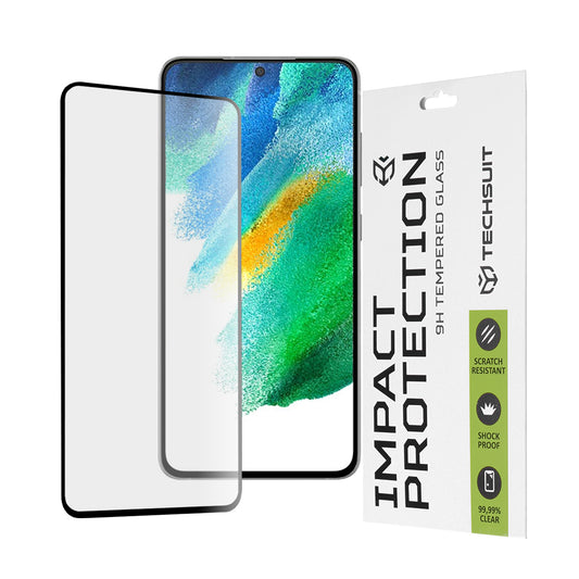 Techsuit Displayschutzfolie für Samsung Galaxy S21 FE 5G G990, gehärtetes Glas, Full Glue, 111D, Schwarz