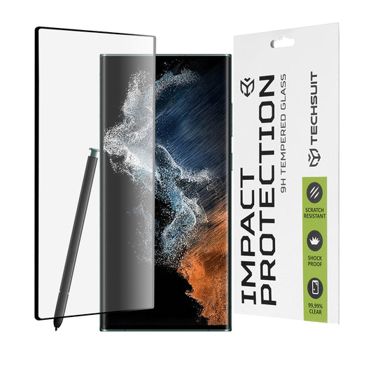 Techsuit Displayschutzfolie für Samsung Galaxy S22 Ultra 5G S908, gehärtetes Glas, Full Glue, 111D, Schwarz