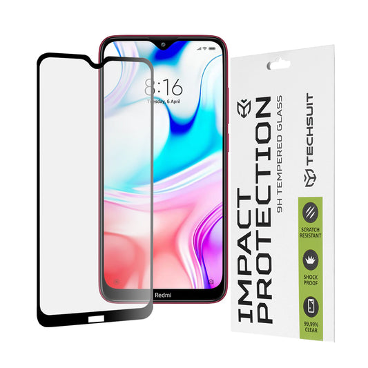 Techsuit Displayschutzfolie für Xiaomi Redmi 8A / 8, gehärtetes Glas, Full Glue, 111D, Schwarz