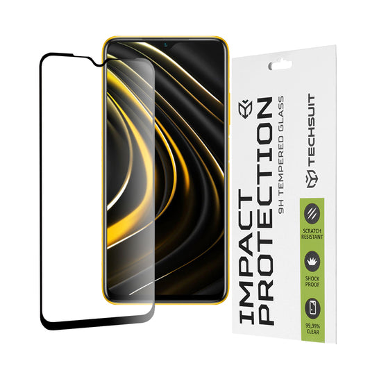 Techsuit Displayschutzfolie für Xiaomi Redmi 9 Power / 9T / Poco M3, gehärtetes Glas, Full Glue, 111D, Schwarz