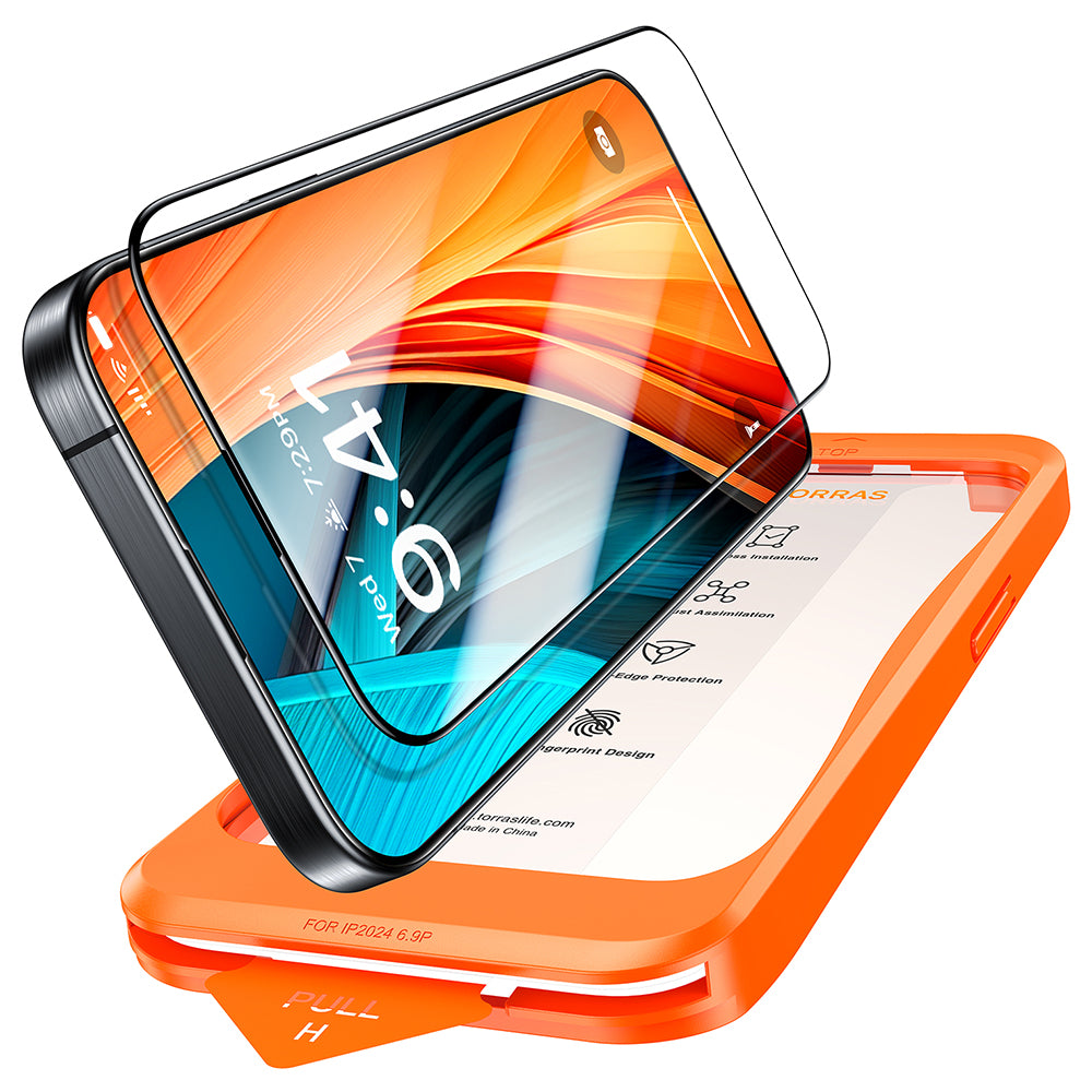 Schutzfolie Torras GlassGo Install Master für Apple iPhone 16 Plus, gehärtetes Glas, vollflächig klebend, Schwarz.