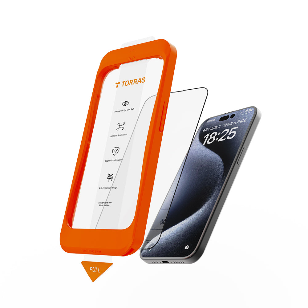 Schutzfolie Torras GlassGo Install Master für Apple iPhone 16 Plus, gehärtetes Glas, vollflächig klebend, Schwarz.