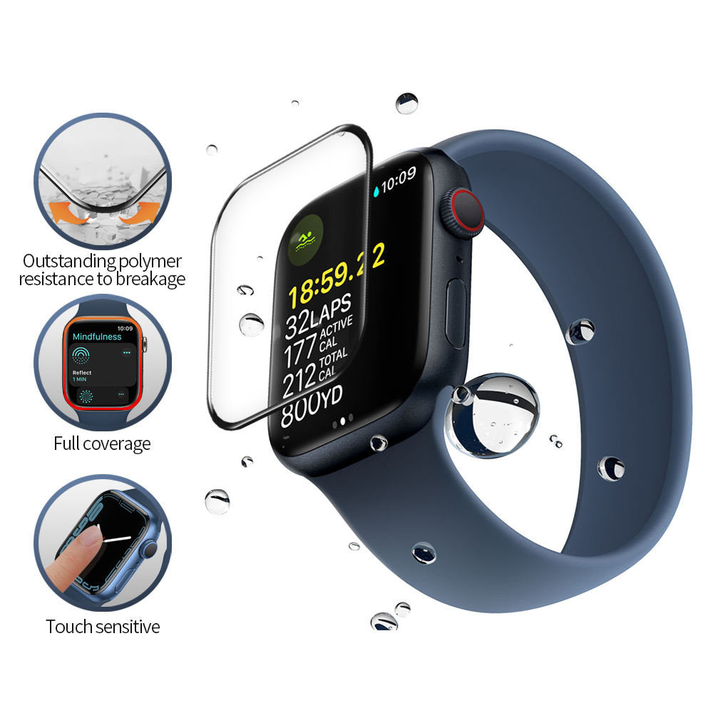 Blueo High Molecule Schutzfolie für Apple Watch 8 / 7 45mm Serie, gehärtetes Glas, schwarz